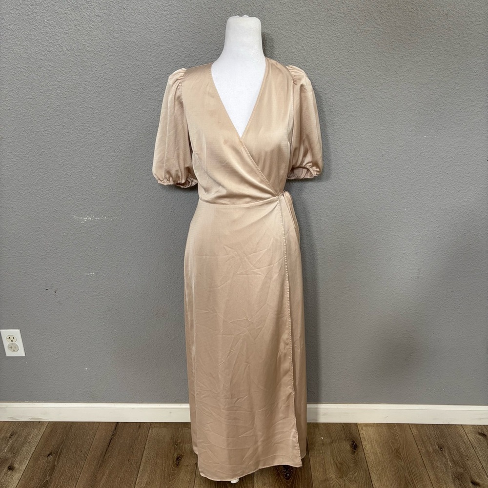 Express beige Wrap Maxi Dress with Puff Sleeves